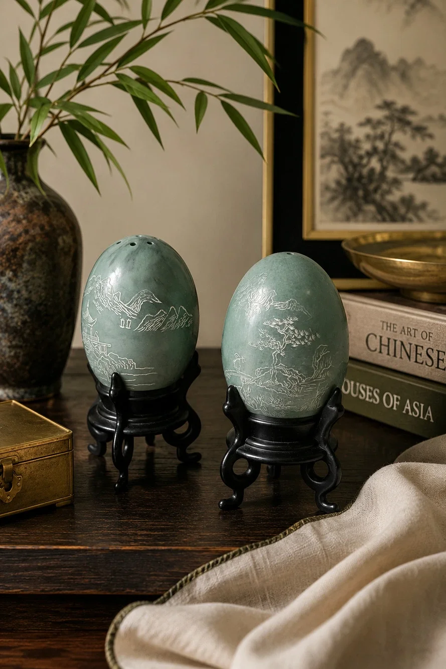 Vintage Hong Kong Faux Jade Egg Salt & Pepper Shakers Asian Landscape w/ Stands